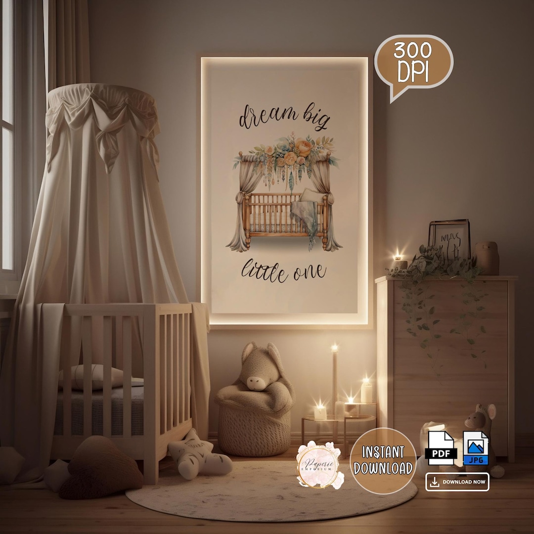 Watercolor "dream Big, Little One" Nursery Wall Art - Digital Kids Room ...