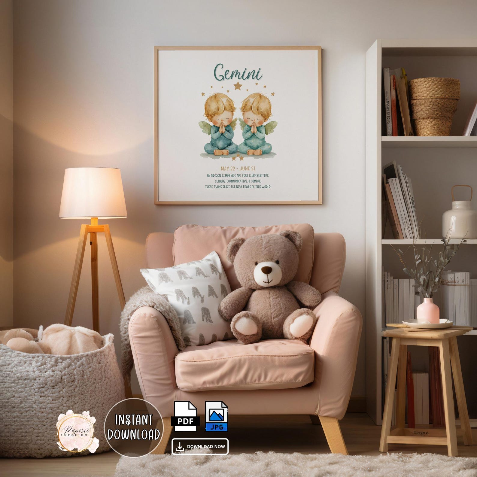 Gemini Zodiac Nursery Art - Cute Watercolor Twins Digital Printable ...