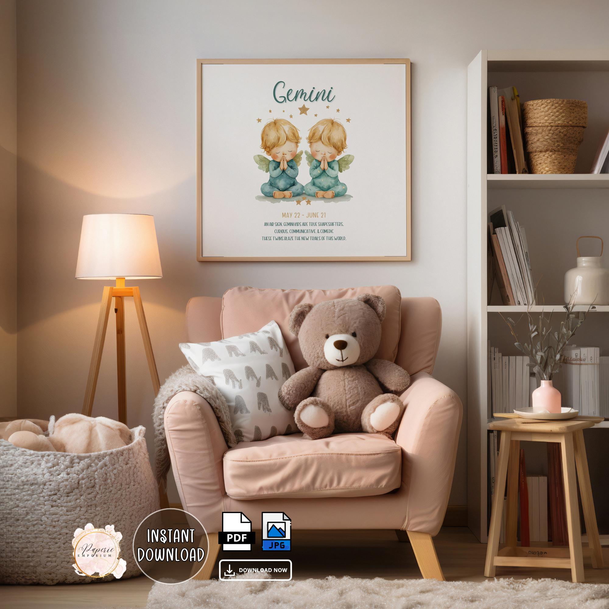 Gemini Zodiac Nursery Art - Cute Watercolor Twins Digital Printable ...