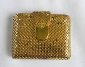 Gold Mesh Miniaudier Compact Makeup Case with In-Laid Mother-of-Pearl Compact