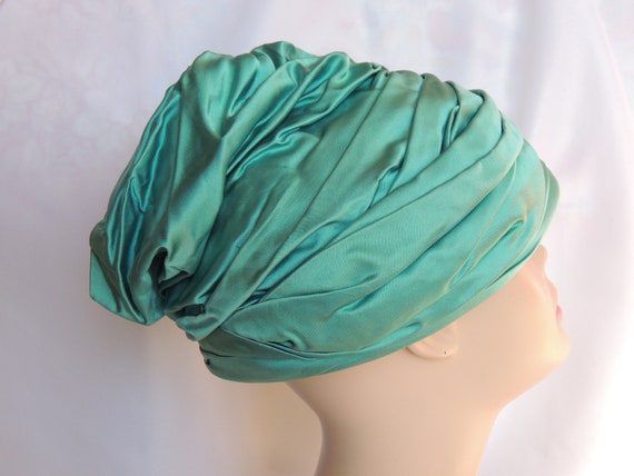 Vintage 1960's Lilly Dache Teal Crushed Satin Tur… - image 5