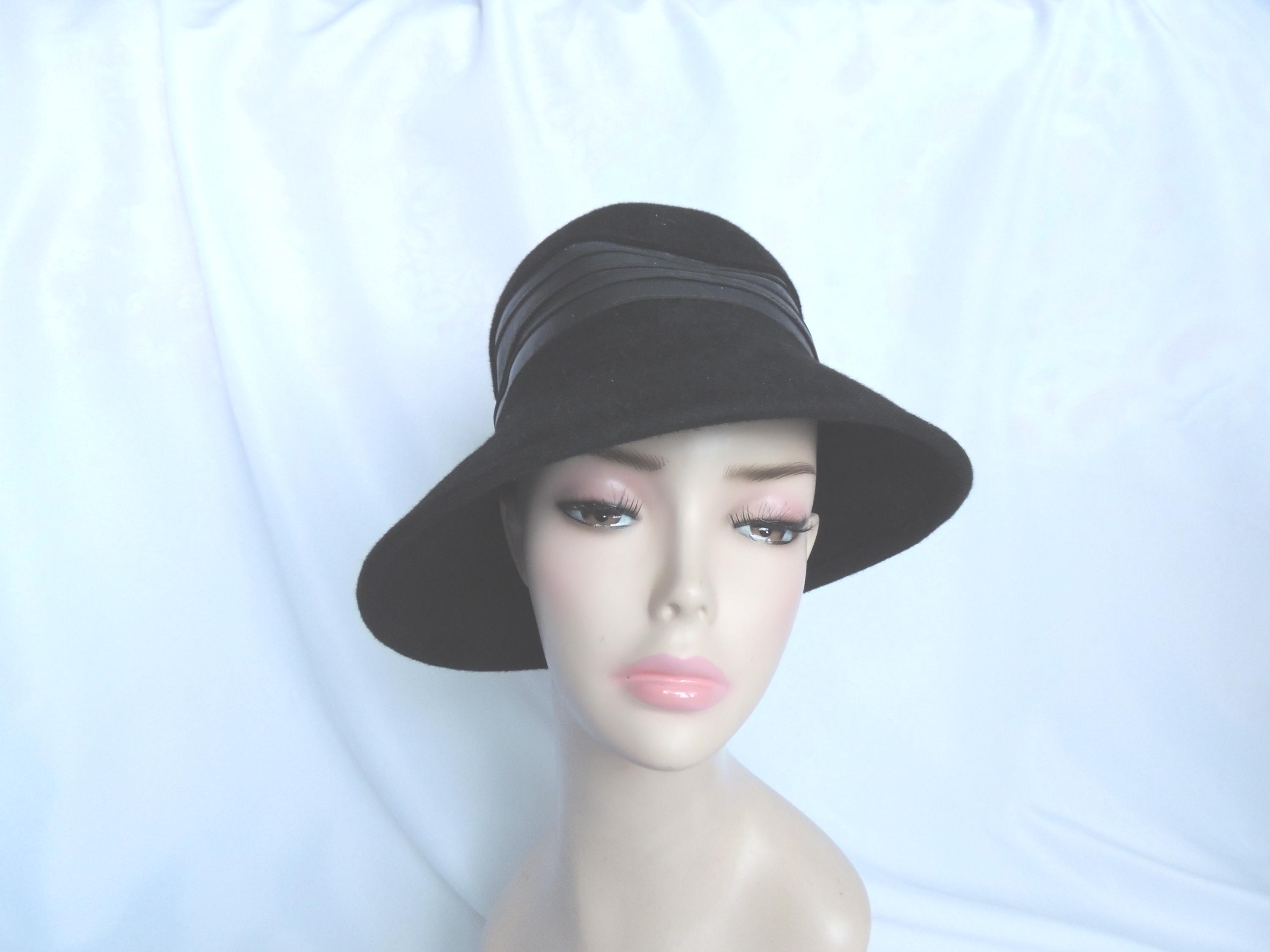 Vintage Frank Olive Black Wool Felt Asymmetrical Bucket Hat  display picture 2