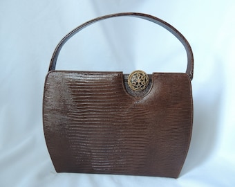 Vintage Brown Reptile Lizard Embossed Leather Mid-Century Modern MCM Structured Bag Handbag Purse by Caprice