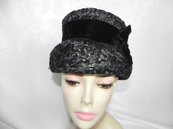 1950's Black Straw Cello Weave Cloche Hat Bucket … - image 2