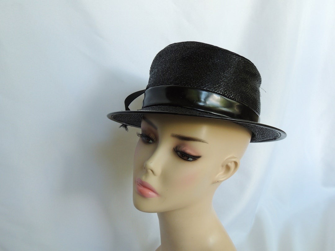 Vintage Cecile Black Straw Fedora Style Dress Hat, Steam  display picture 2