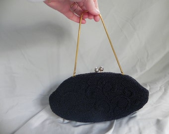 Black Beaded Formal Clutch Purse Evening Bag Handbag with Rhinestone Clasp