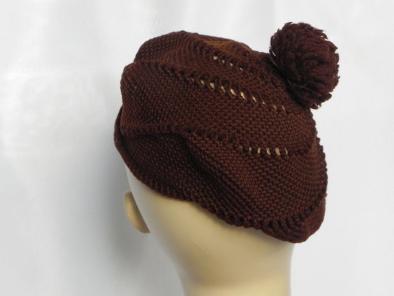 Vintage 1970's Brown Knit Crochet Beanie Hat Bere… - image 4