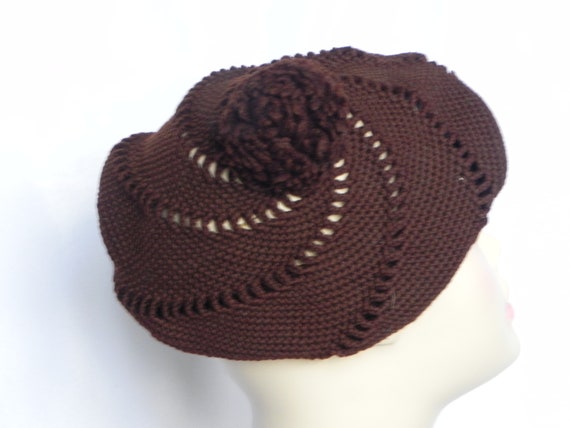 Vintage 1970's Brown Knit Crochet Beanie Hat Bere… - image 5
