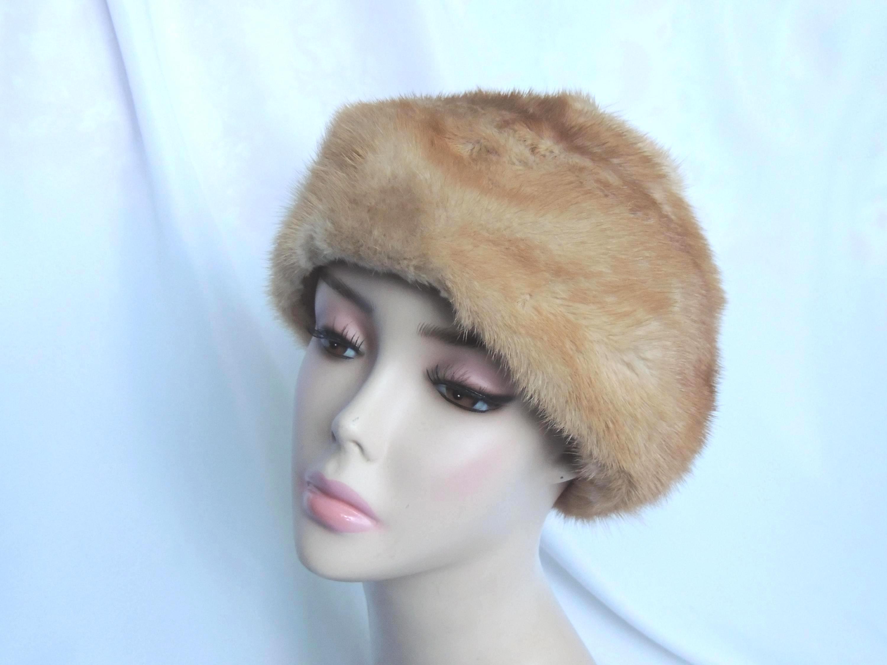 Vintage Honey Brown Mink Fur Cloche Hat Winter Hat Warm Hat 