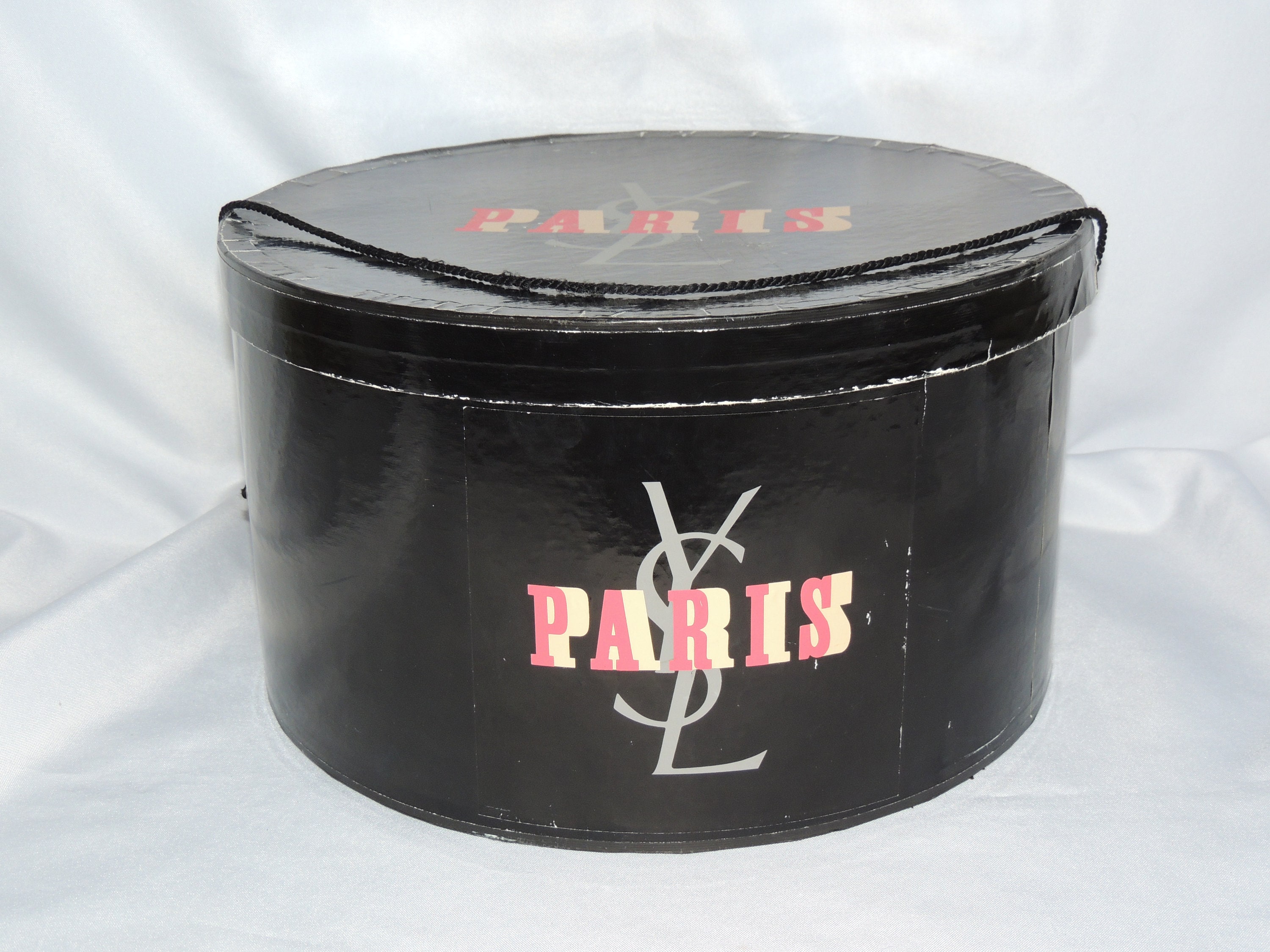 Rare Vintage Yves St. Laurent YSL Large Black Designer Hat Box with Nylon Cord Handle #1 of 2