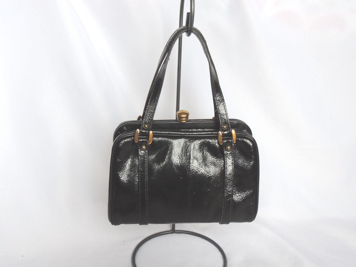 Vintage 1960's Black Textured Patent Leather Handbag Purse, Foto 1 von 5