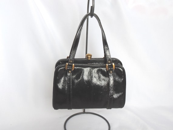 Vintage 1960's Black Textured Patent Leather Handbag Purse