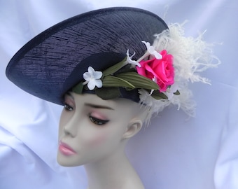 Vintage Jack McConnell Blue Straw Fancy Hat Derby Hat Cocktail Hat Formal Hat with Flowers and Feathers