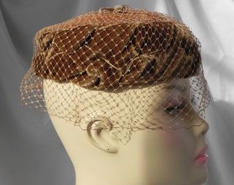 Vintage Braided Brown Velvet Open Pillbox Hat Dress hat Church Hat with Veil