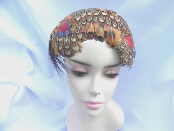 Brown and Beige Feathered Half Hat Mini Hat Fasci… - image 1