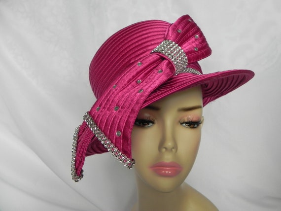 Fuchsia Pink Satin Cloche Hat with Rhinestones, De