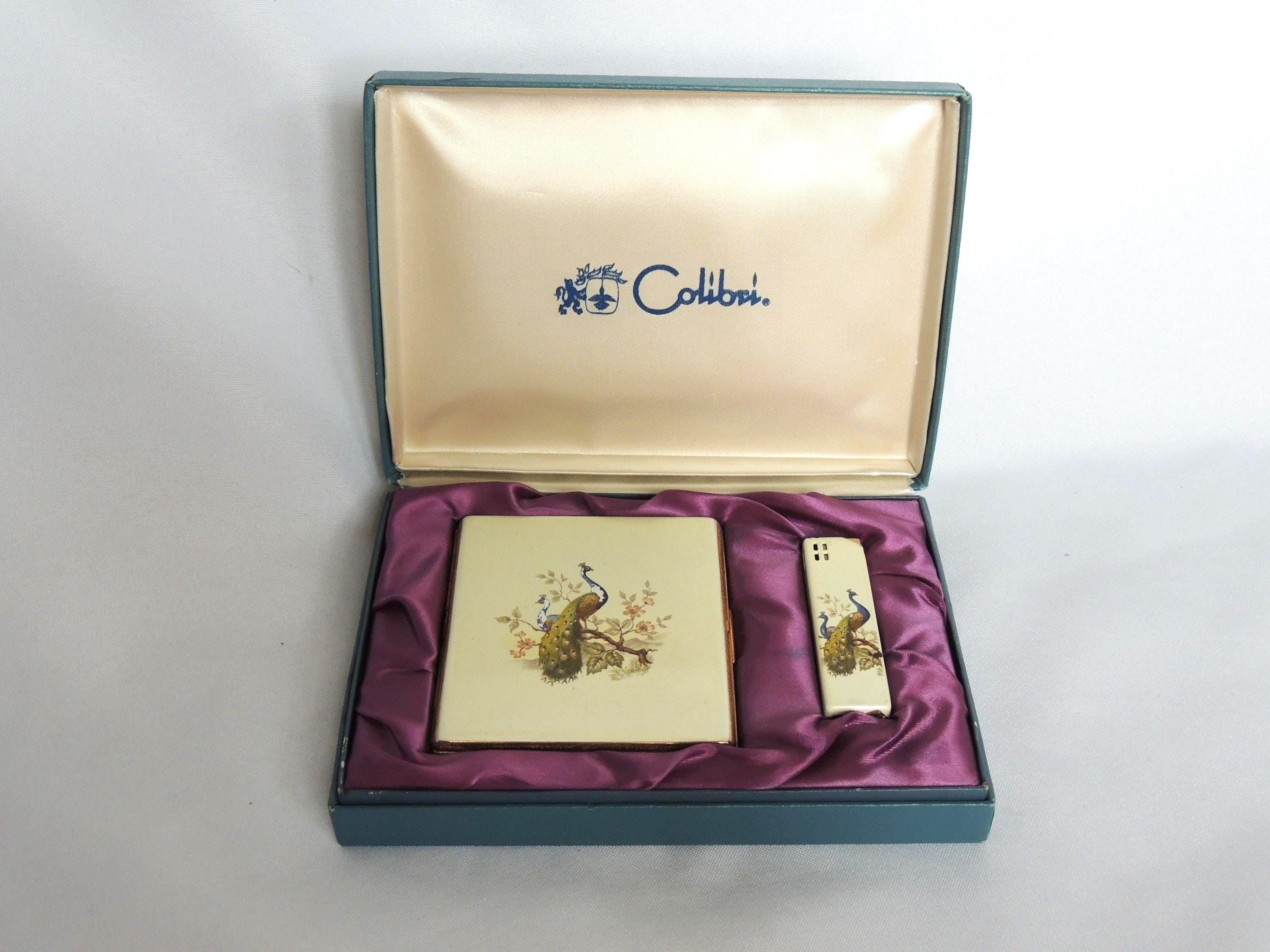 colibri cigarette case with built in lighter Vintage Colibri Enameled Cigarette Case and Matching Lighter With Peacock  Scene in Display Box