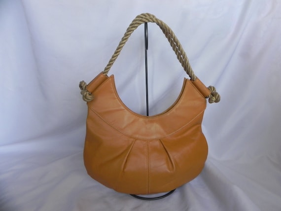 1970's Brown Camel Color Leather Handbag Shoulder… - image 1