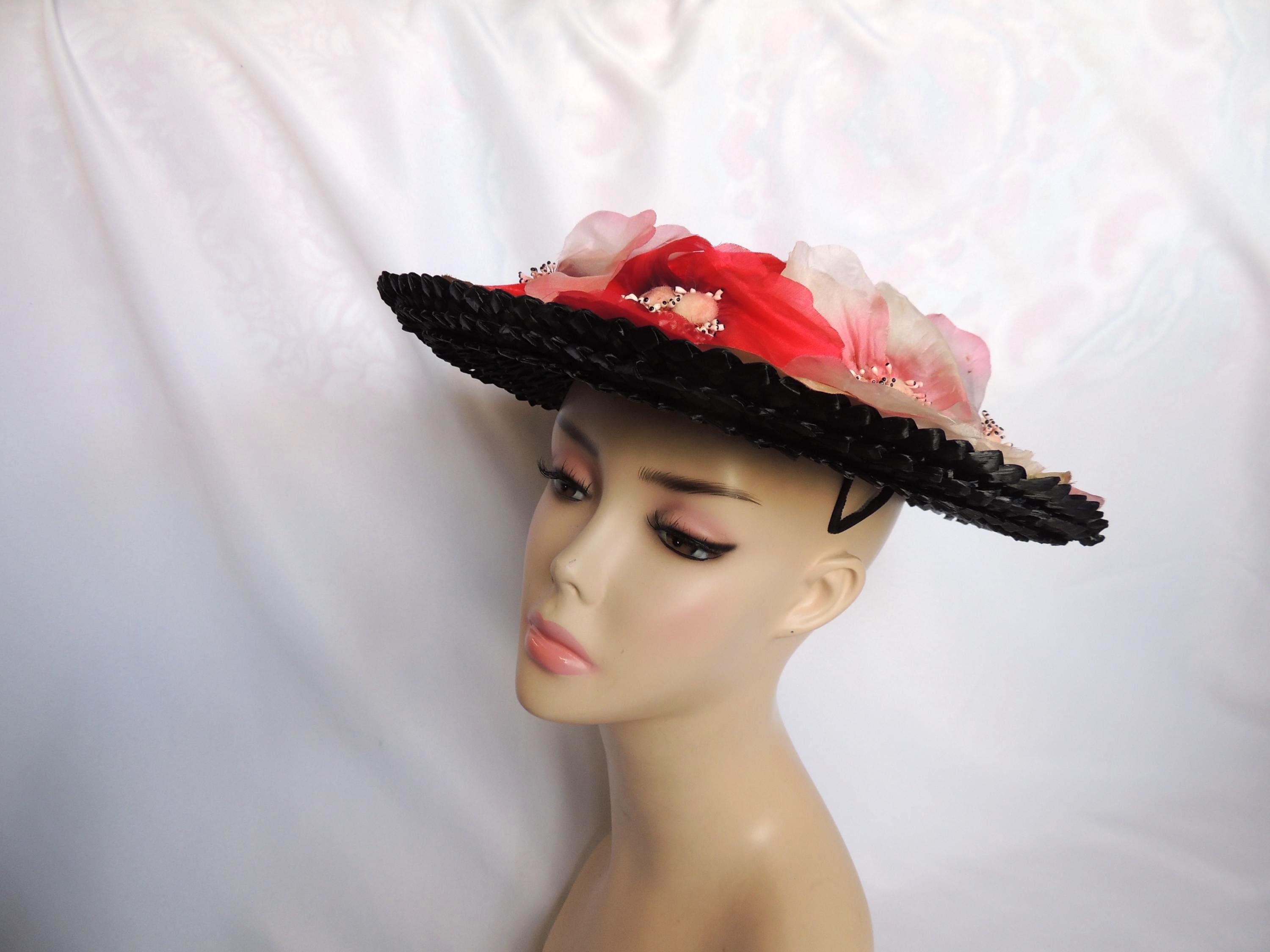 Vintage Ken Blair Black Straw Bergere/platter Hat Dress Hat  display picture 1
