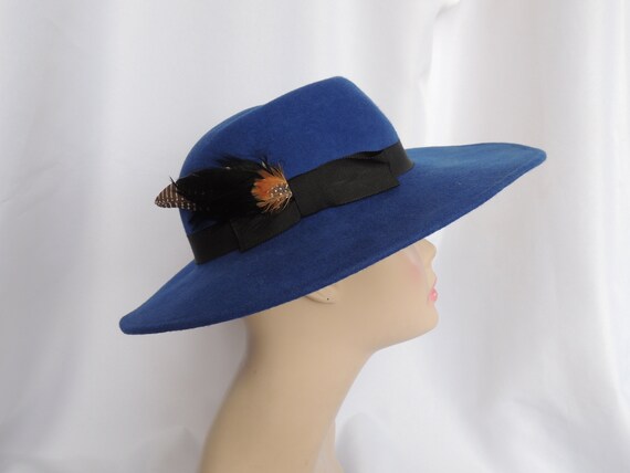 Vintage Royal Blue Wool Felt Fedora Style Dress H… - image 2