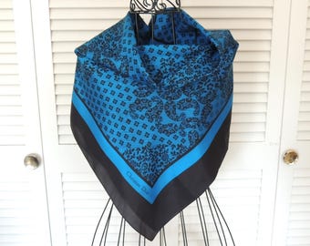 Vintage Christian Dior Black and Turquoise Blue Silk Designer Scarf Wrap Shawl