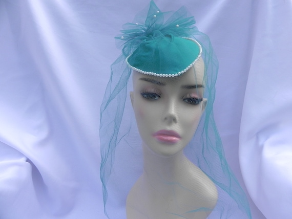 Vintage Teal Blue Derby Fascinator Hat Mini Hat M… - image 1