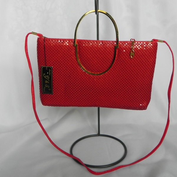 NWT Red Mesh Shoulder Bag Evening Bag Clutch Purse Handbag with Gold Handles and Red Leather Strap, Y & S Original