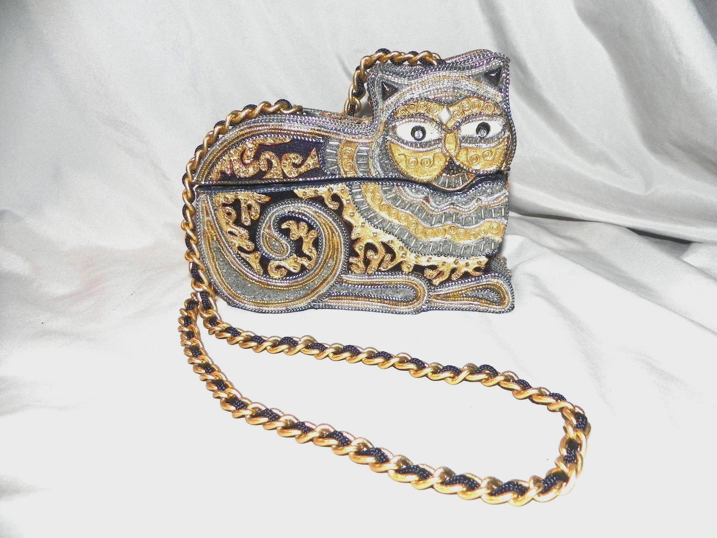 MARY FRANCES:メリーフランシスビーズ装飾パーティーバッグ Vintage Mary Francis Black, Gold and Silver Beaded Cat Purse