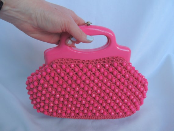 Vintage 1960's Pink Straw Woven Raffia and Beaded… - image 1