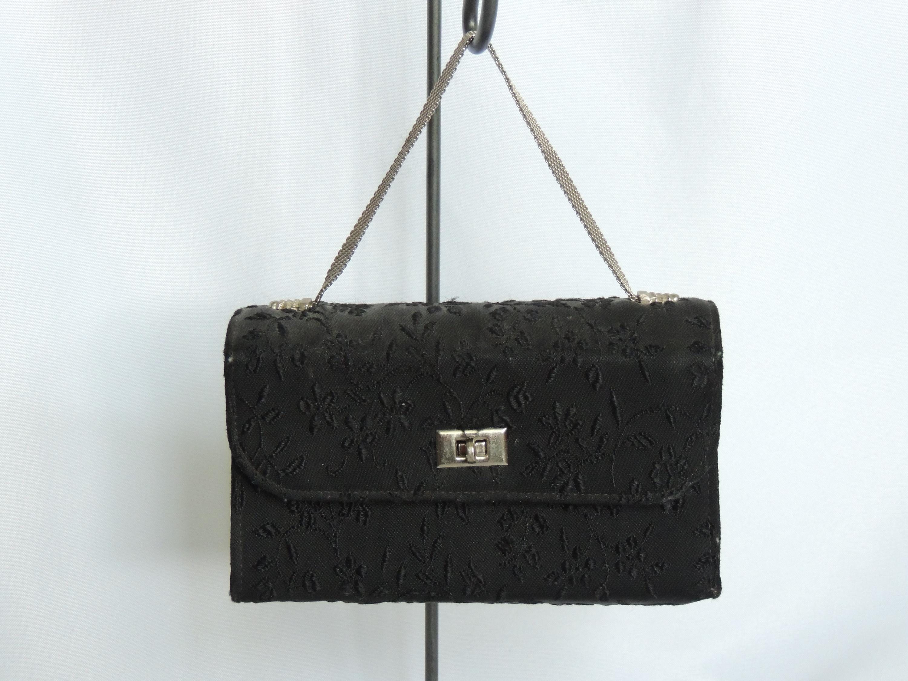 Mini Sac Boîte (Minaudière) Vintage En Cuir Noir Brodé Soie - Bandoulière - France