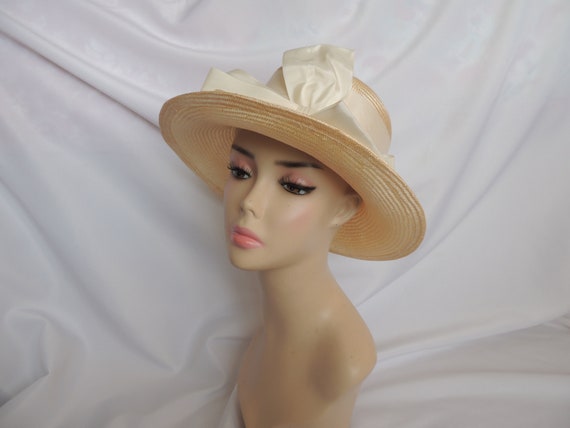 Vintage Natural Off White Straw Dress Hat Fancy H… - image 1