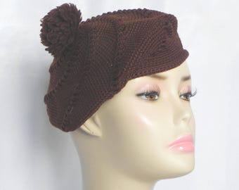 Vintage Crochet Beret, Handmade Knit Tam, Brown Peach  display picture 1
