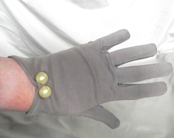 Short Beige Taupe Dress Gloves with Faux Pearl Buttons
