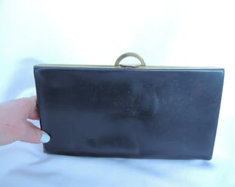 Vintage 1930er Art Deco Schwarze Leder Clutch Handtasche Abendtasche von Evans