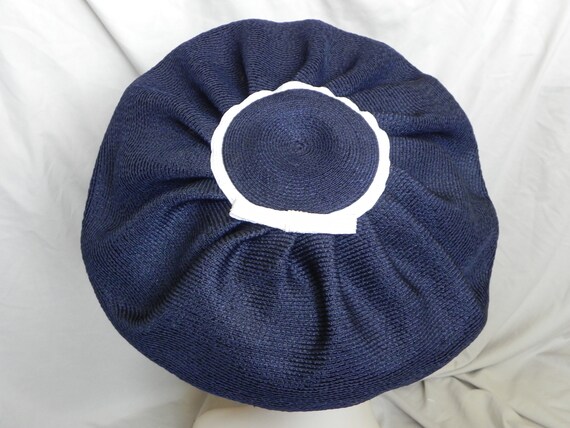 Navy Blue Vintage Straw Cello Weave Platter Hat T… - image 4