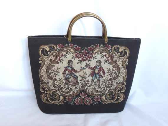 Vintage Tapestry Tote Bag: Black Linen Carpet Bag with Country Scene