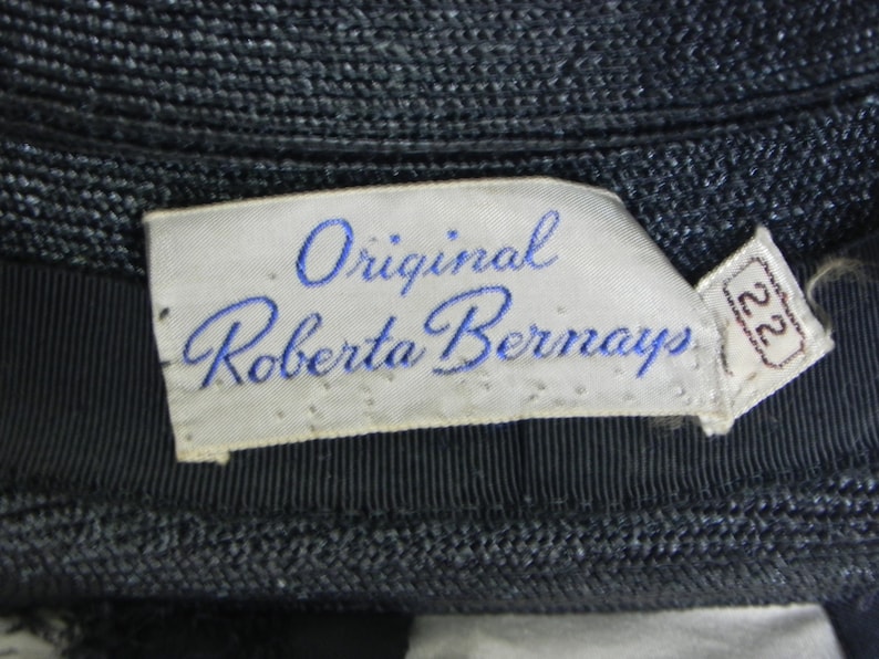 1940's Black Roberta Bernays Original Straw Hat Wide Brim Hat Platter Hat Saucer Hat Derby Hat Sunday Hat image 6