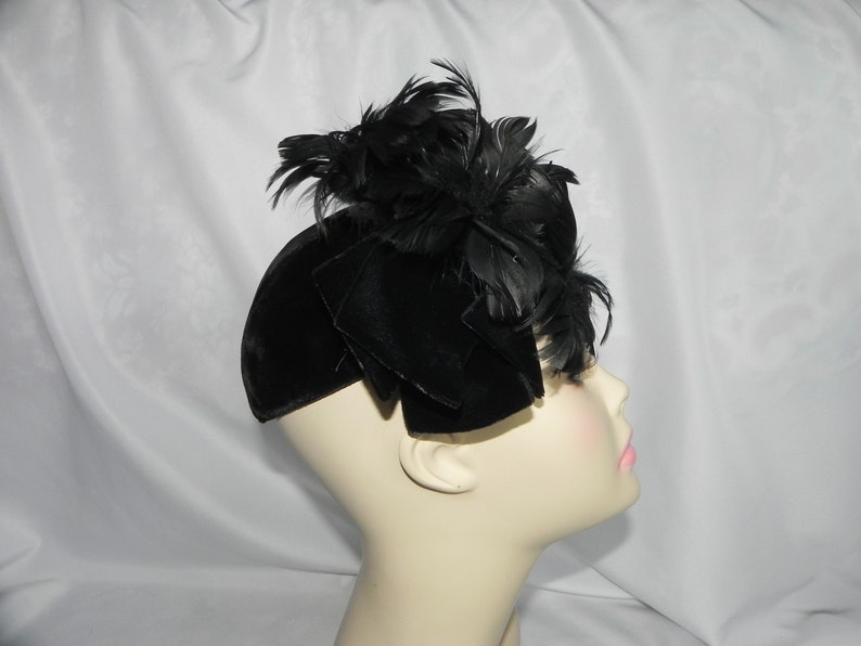 Authentic Black 1920's Cloche Hat Flapper Hat Black Velvet Hat Beanie with Black Feathers image 1