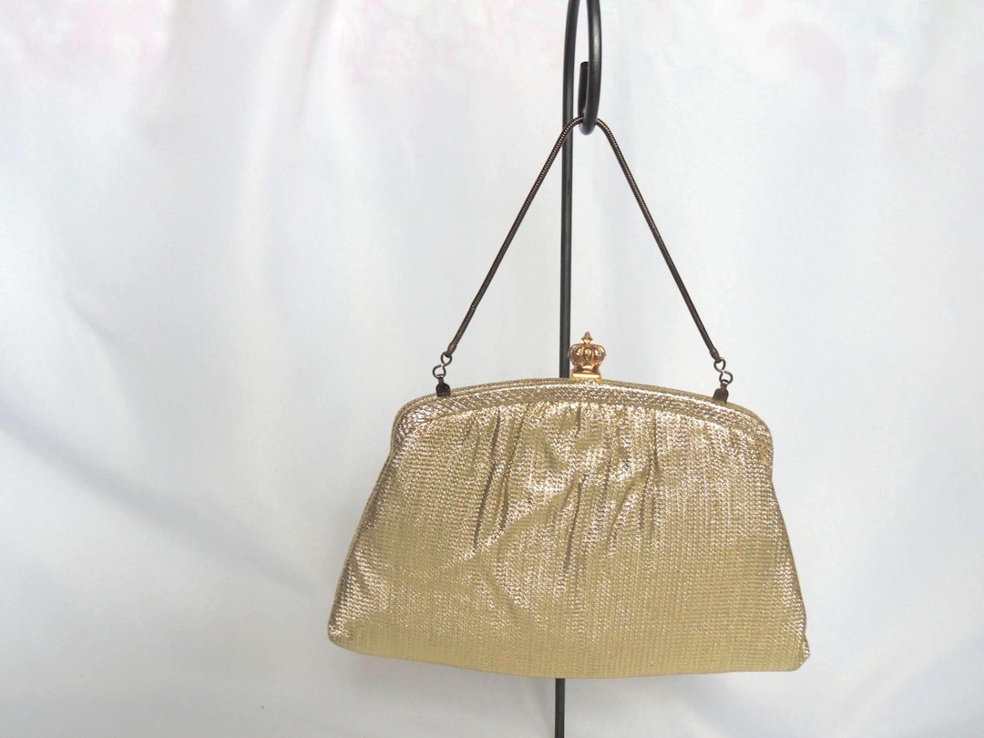 gold dress purse Vintage Metallic Gold Fabric Evening Bag Clutch Purse