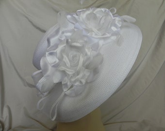 White Synthetic Straw Large Fancy Hat Derby Hat Wedding Hat Easter Hat Sunday Hat by Betmar