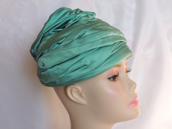Vintage 1960's Lilly Dache Teal Crushed Satin Tur… - image 1