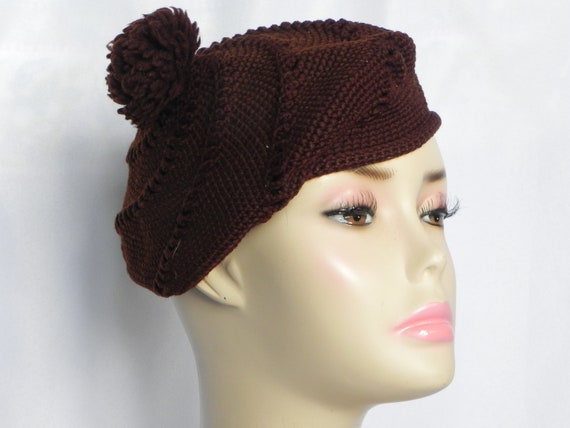 Vintage 1970's Brown Knit Crochet Beanie Hat Bere… - image 1