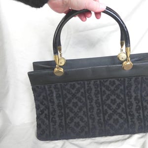 Black Leather and Velvet Carpet Bag, Purse, Handbag with Brass Hardware