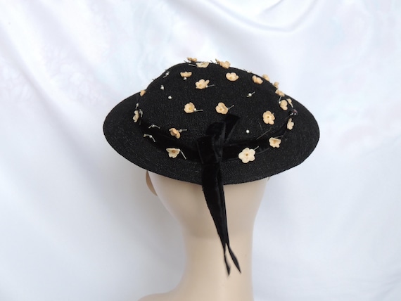 Vintage/Antique Black Boater Style Hat Small Plat… - image 4