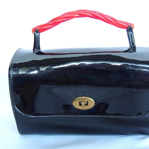 Vintage Garay Black Patent Leather Box Purse Clutch Purse Handbag Evening Bag with Twisted Lucite Handle