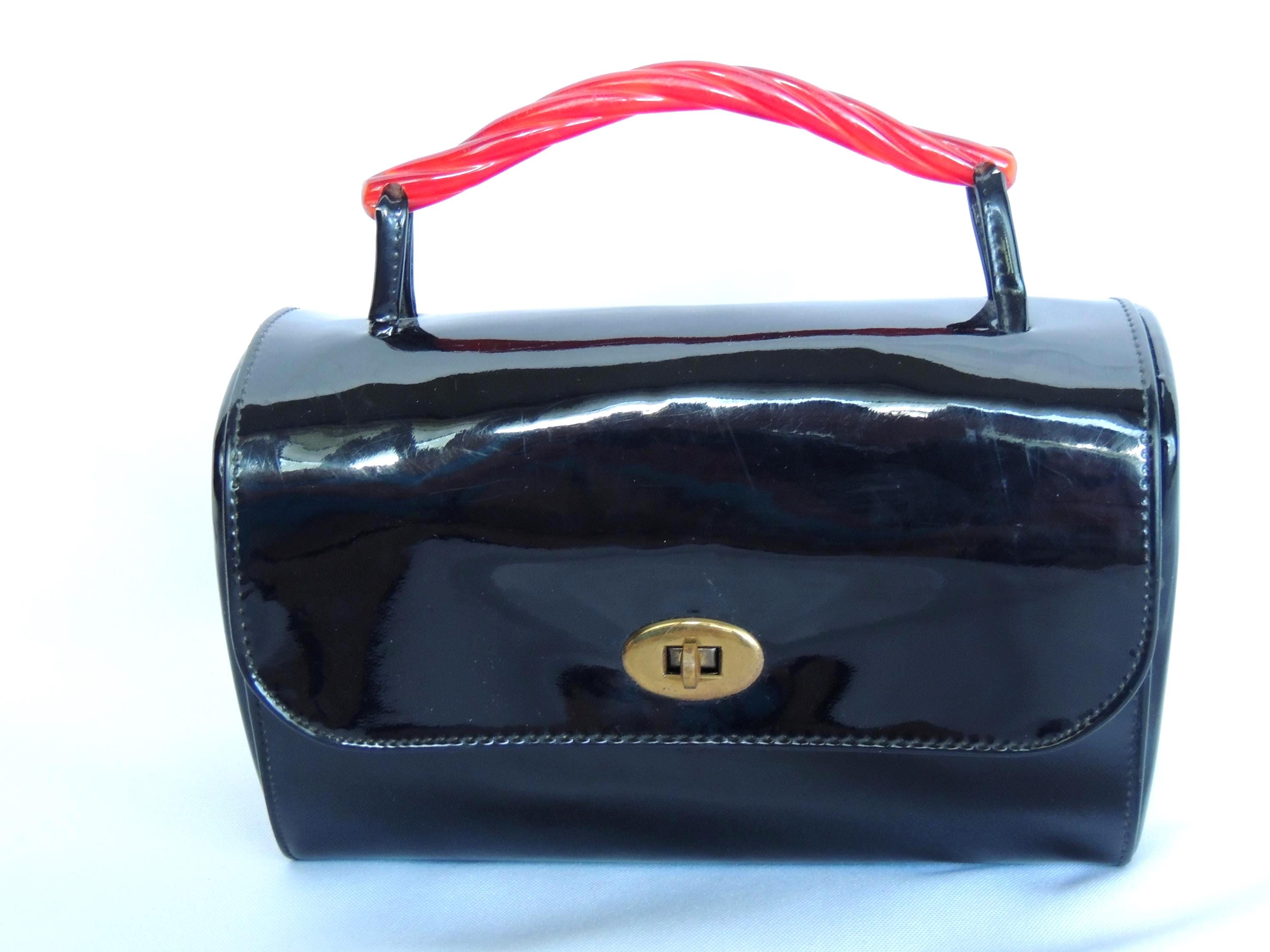 Vintage Garay Black Patent Leather Box Purse Handbag With 