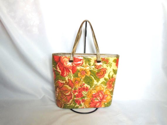 Vintage 1950's or 60's Pink Green and Gold Floral Tote Bag Handbag