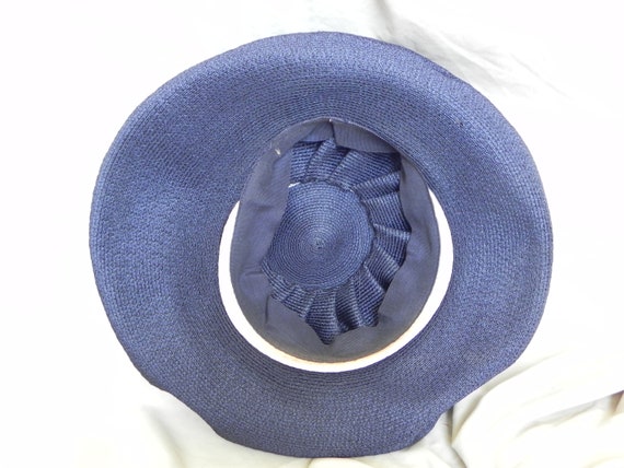 Navy Blue Vintage Straw Cello Weave Platter Hat T… - image 5