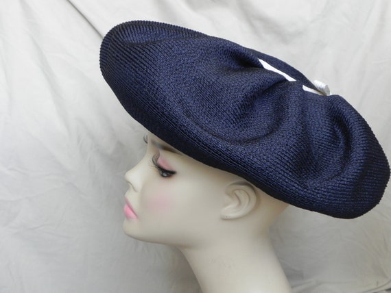 Navy Blue Vintage Straw Cello Weave Platter Hat T… - image 2