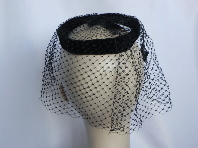 Black Open Crown Pillbox Hat Dress Hat Easter Sunday Hat Veil Etsy